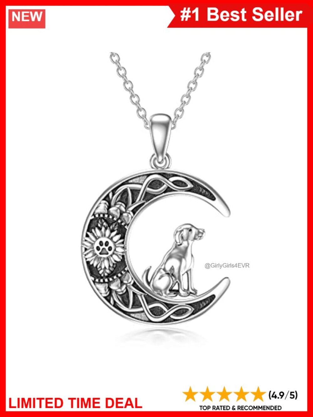 925 Sterling Silver Dog Paw Sunflower Crescent Moon Pendant Necklace 18+2in
